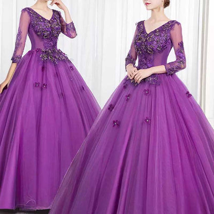 Vintage Retro Sequin Lace Flower Appliques Prom Dress Quinceanera Dress