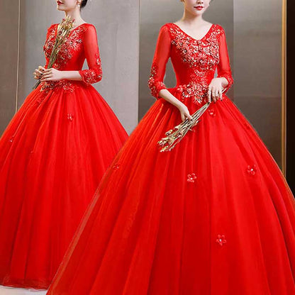 Vintage Retro Sequin Lace Flower Appliques Prom Dress Quinceanera Dress