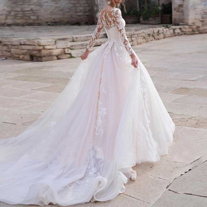 Lace Applique Wedding Dresses Long Sleeve Tulle Bridal Gowns For Women