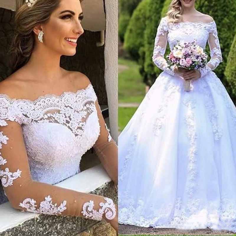 Off Shoulder Long Sleeves Lace Wedding Dress Bridal Gown