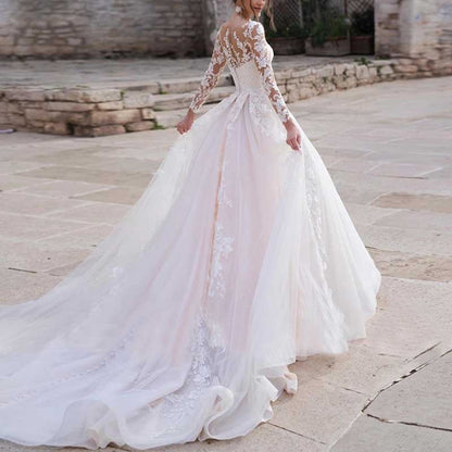 Lace Applique Wedding Dresses Long Sleeve Tulle Bridal Gowns For Women