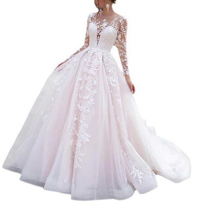 Lace Applique Wedding Dresses Long Sleeve Tulle Bridal Gowns For Women