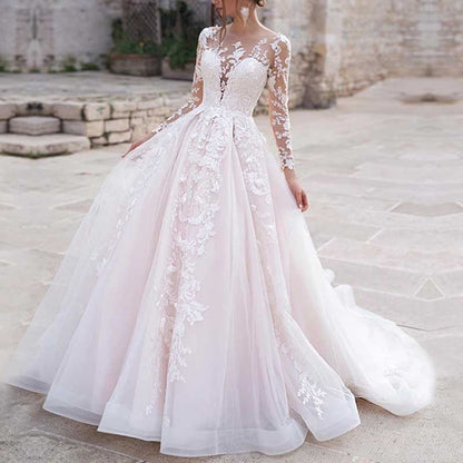 Lace Applique Wedding Dresses Long Sleeve Tulle Bridal Gowns For Women