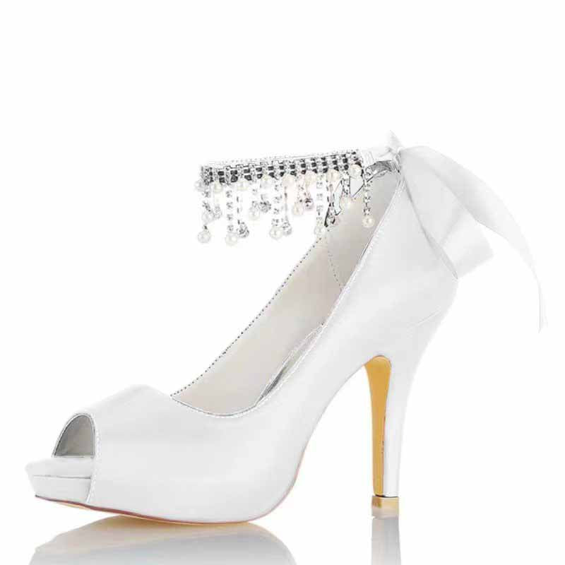 Wedding Buckle Pearl Rhinestones Platform Sandals Dress Stiletto Pumps Shoes 3.93 Inch