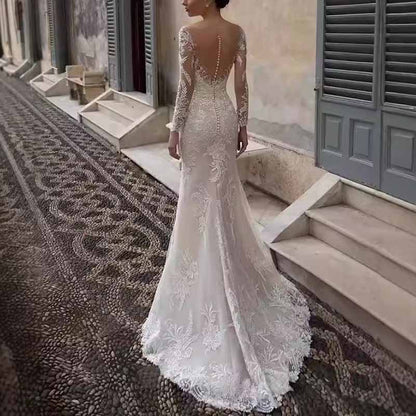 Wedding Dress V-neck Backless Long Sleeve Lace Sheath Dress