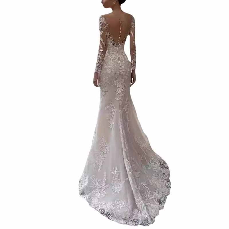 Wedding Dress V-neck Backless Long Sleeve Lace Sheath Dress