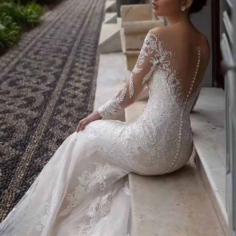 Wedding Dress V-neck Backless Long Sleeve Lace Sheath Dress