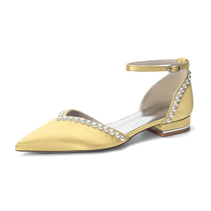 Pointed Toe Ankle Strap Flat With Pearls Wedding Shoes For Bride