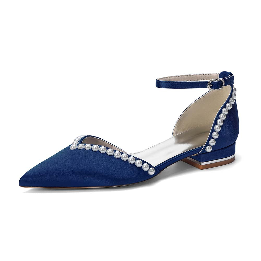 Pointed Toe Ankle Strap Flat With Pearls Wedding Shoes For Bride