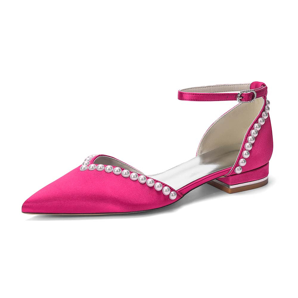 Pointed Toe Ankle Strap Flat With Pearls Wedding Shoes For Bride