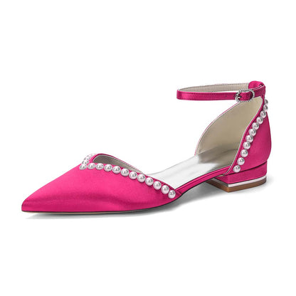 Pointed Toe Ankle Strap Flat With Pearls Wedding Shoes For Bride