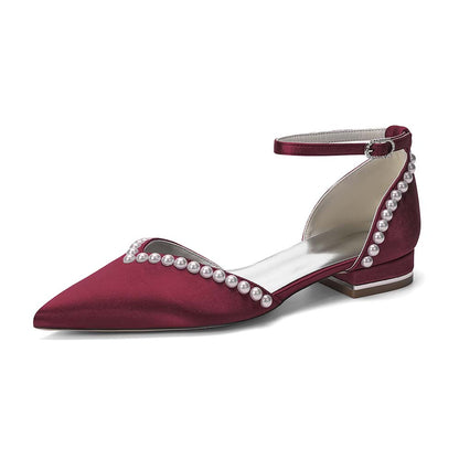 Pointed Toe Ankle Strap Flat With Pearls Wedding Shoes For Bride
