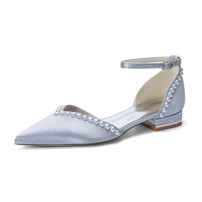 Pointed Toe Ankle Strap Flat With Pearls Wedding Shoes For Bride