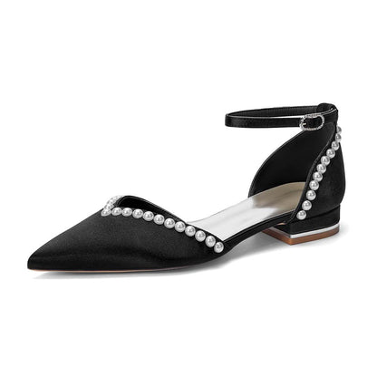 Pointed Toe Ankle Strap Flat With Pearls Wedding Shoes For Bride