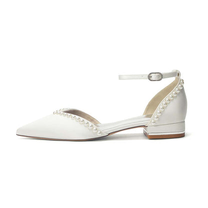 Pointed Toe Ankle Strap Flat With Pearls Wedding Shoes For Bride