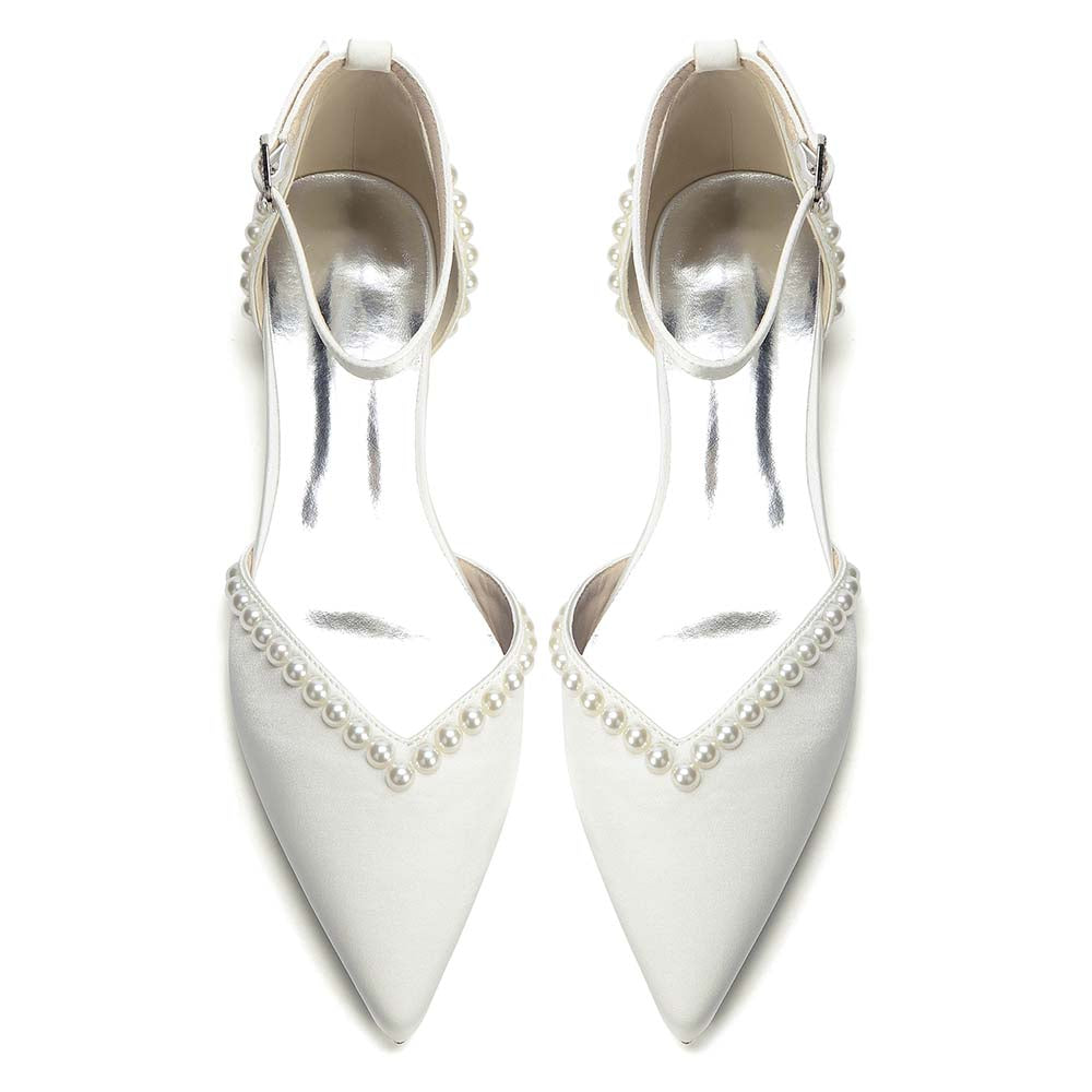 Pointed Toe Ankle Strap Flat With Pearls Wedding Shoes For Bride