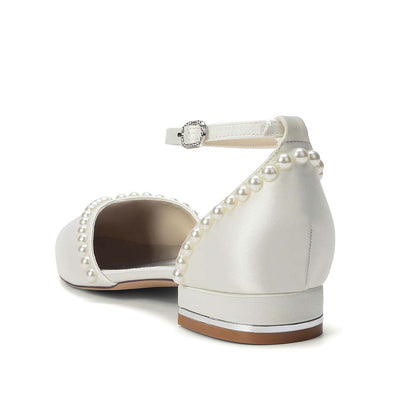 Pointed Toe Ankle Strap Flat With Pearls Wedding Shoes For Bride
