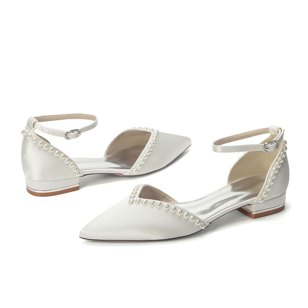 Pointed Toe Ankle Strap Flat With Pearls Wedding Shoes For Bride