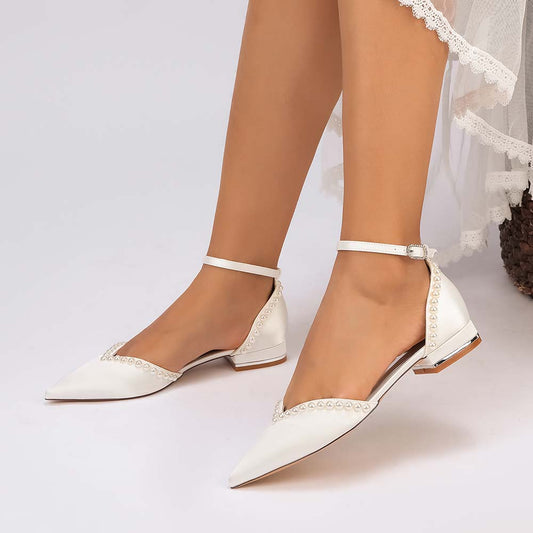 Pointed Toe Ankle Strap Flat With Pearls Wedding Shoes For Bride
