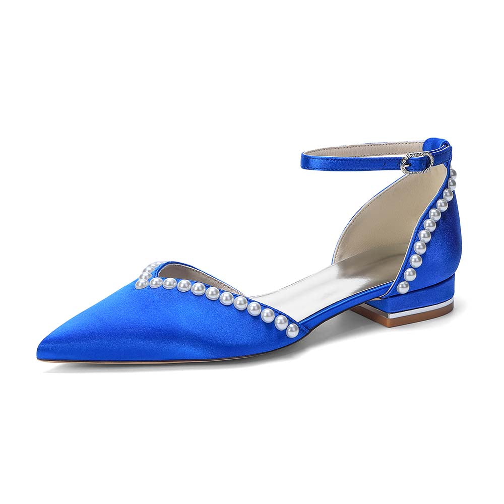 Pointed Toe Ankle Strap Flat With Pearls Wedding Shoes For Bride
