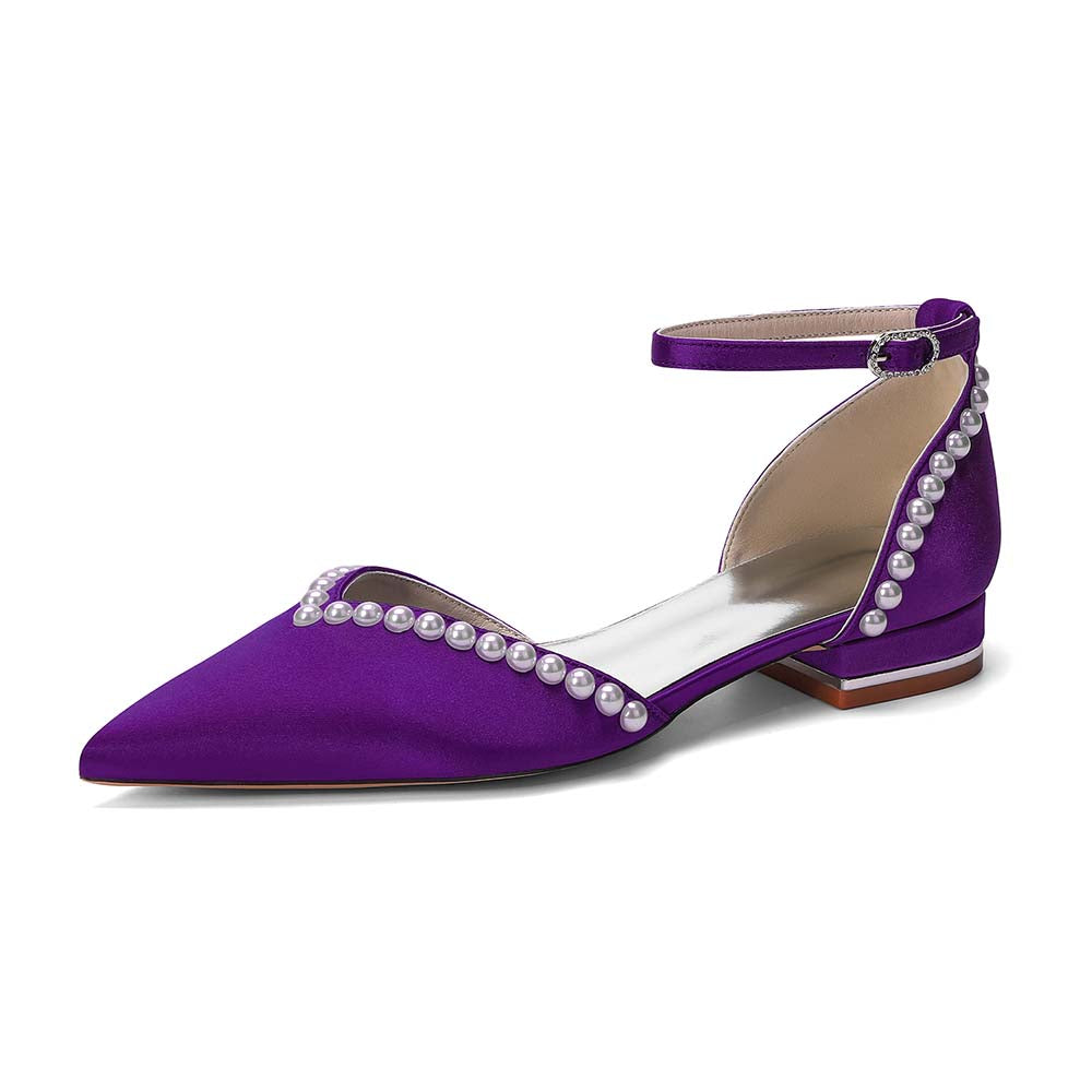 Pointed Toe Ankle Strap Flat With Pearls Wedding Shoes For Bride