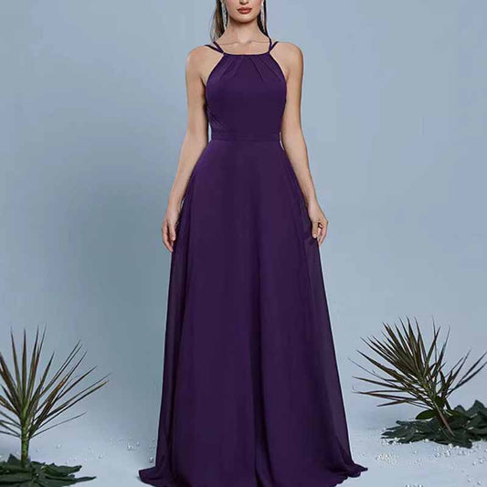 Halter Neck Sleeveless Evening Gown Long Dress | Wedding Party Guest Outfit