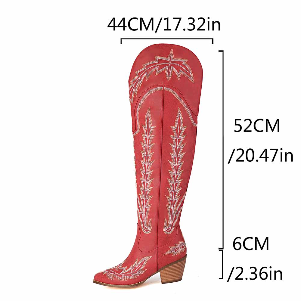 Western Cowboy Boots Women Over Knee Wide Calf Cowgirl Boots with Embroidered