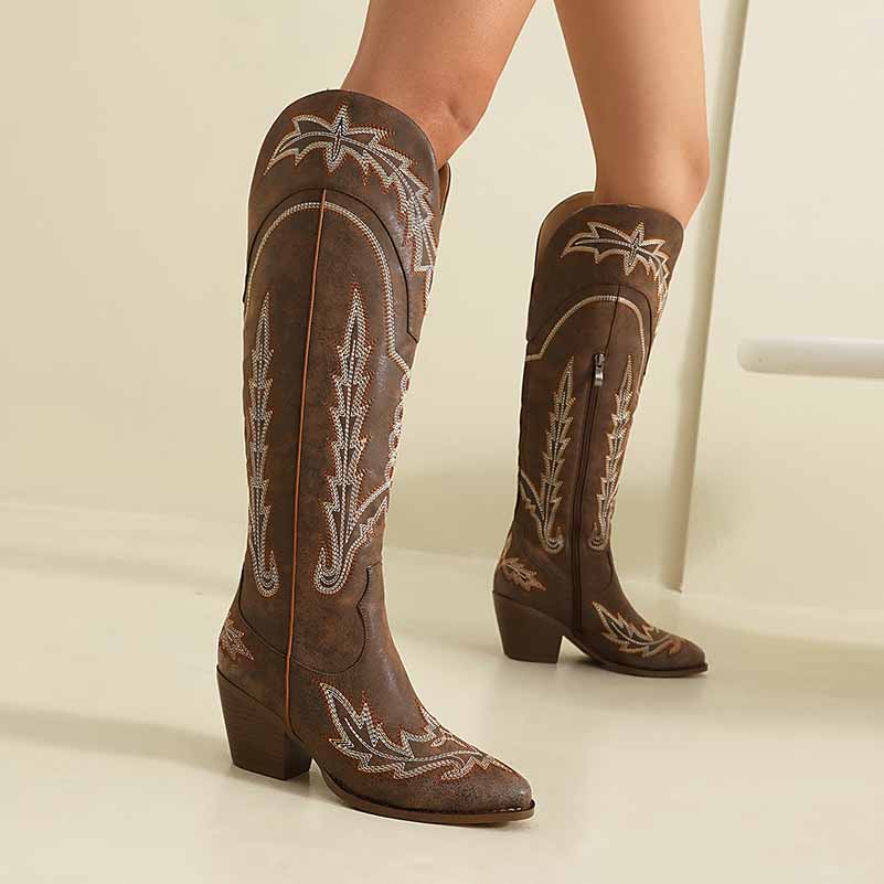 Western Cowboy Boots for Women Knee High Wide Calf Cowgirl Boots with Embroidered