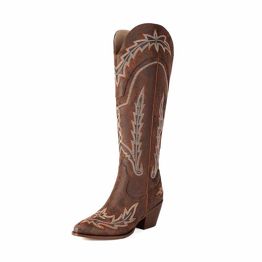 Western Cowboy Boots for Women Knee High Wide Calf Cowgirl Boots with Embroidered