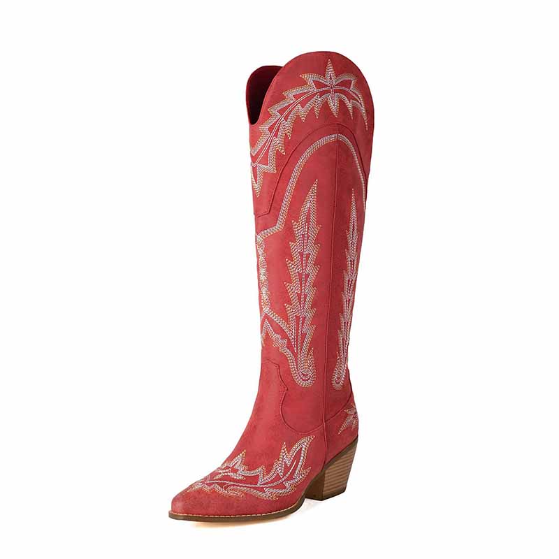 Western Cowboy Boots for Women Knee High Wide Calf Cowgirl Boots with Embroidered