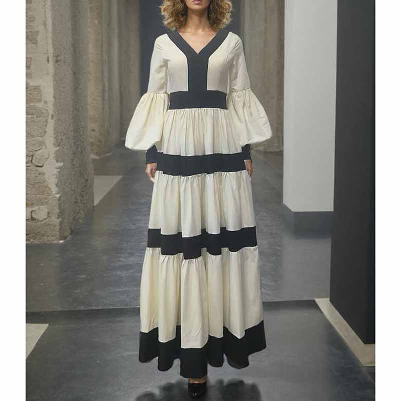 White And Black Maxi Dress Patchwork Lantern Sleeve V Neck Long Dress