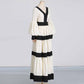 White And Black Maxi Dress Patchwork Lantern Sleeve V Neck Long Dress