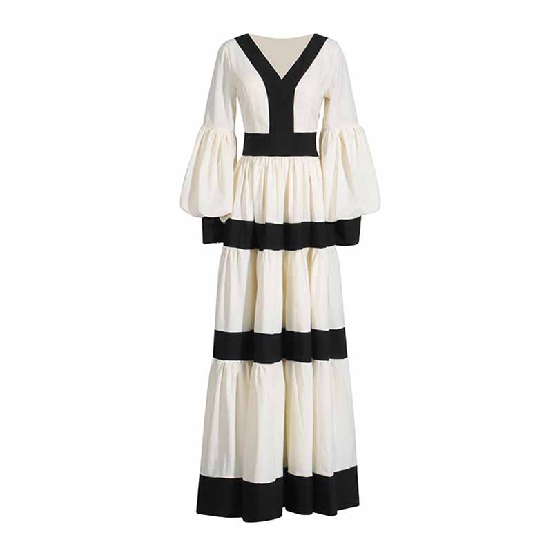 White And Black Maxi Dress Patchwork Lantern Sleeve V Neck Long Dress