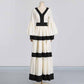 White And Black Maxi Dress Patchwork Lantern Sleeve V Neck Long Dress