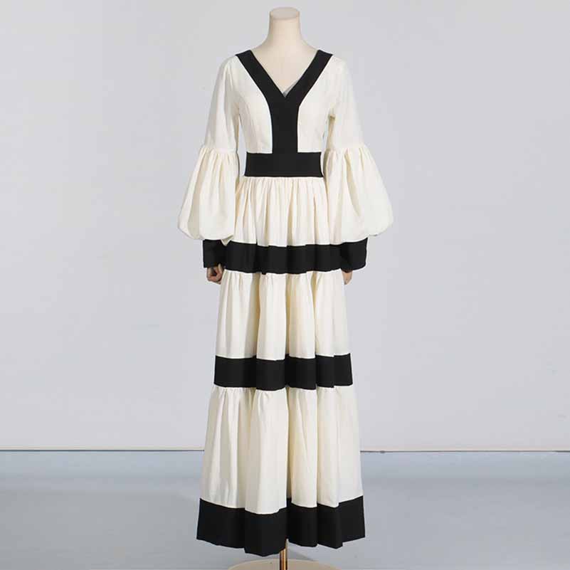 White And Black Maxi Dress Patchwork Lantern Sleeve V Neck Long Dress