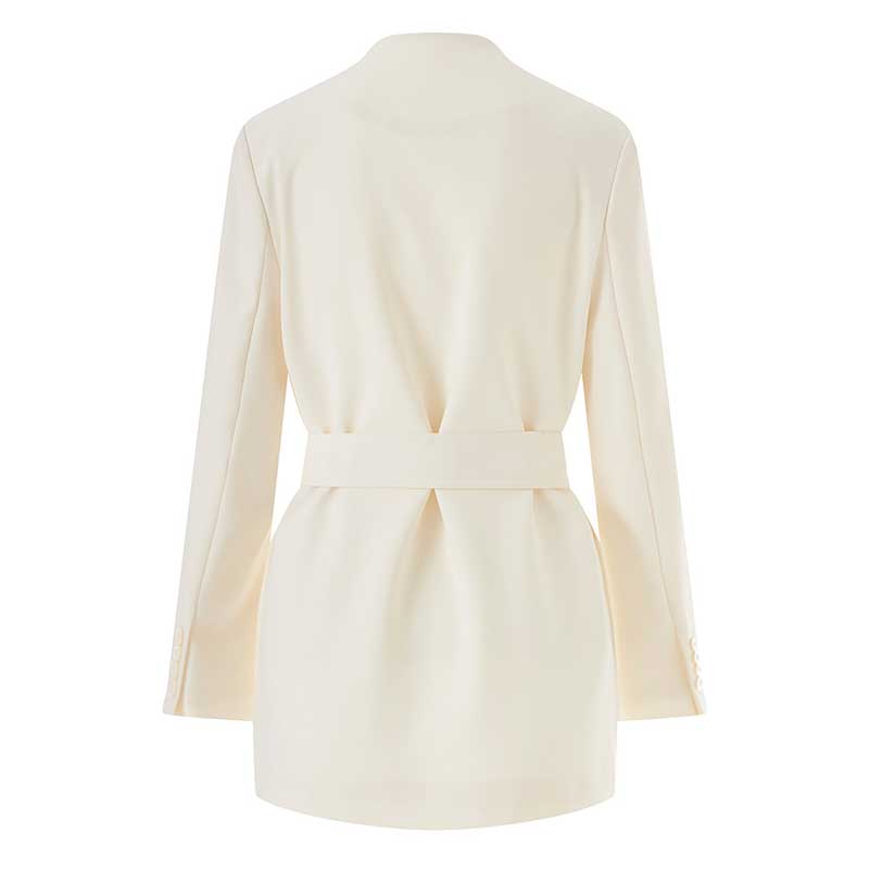 Women's Belted Blazer Coat | Collarless V-Neck Mid-Length Style
