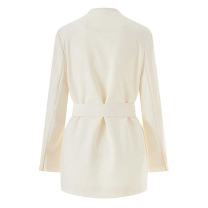 Women's Belted Blazer Coat | Collarless V-Neck Mid-Length Style