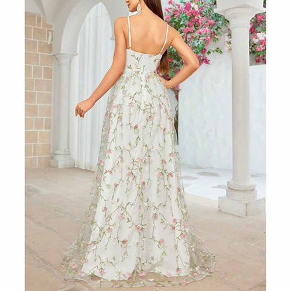 White Floral Bridesmaid Dress Spaghetti Strap Wedding Gown Homecoming Dress