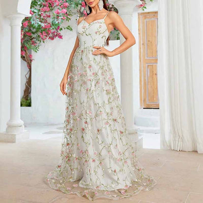 White Floral Bridesmaid Dress Spaghetti Strap Wedding Gown Homecoming Dress