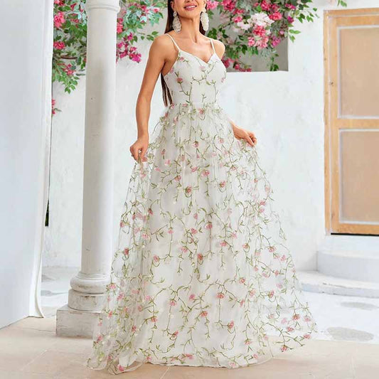 White Floral Bridesmaid Dress Spaghetti Strap Wedding Gown Homecoming Dress