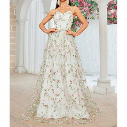 White Floral Bridesmaid Dress Spaghetti Strap Wedding Gown Homecoming Dress