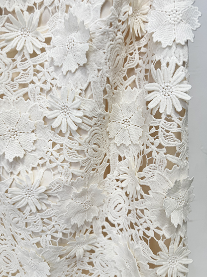White Floral Lace 2-Piece Set | Short Sleeve Beaded Crop Top & High Waist Maxi Skirt Suit