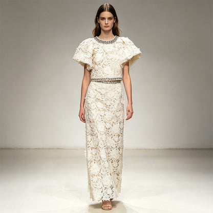 White Floral Lace 2-Piece Set | Short Sleeve Beaded Crop Top & High Waist Maxi Skirt Suit