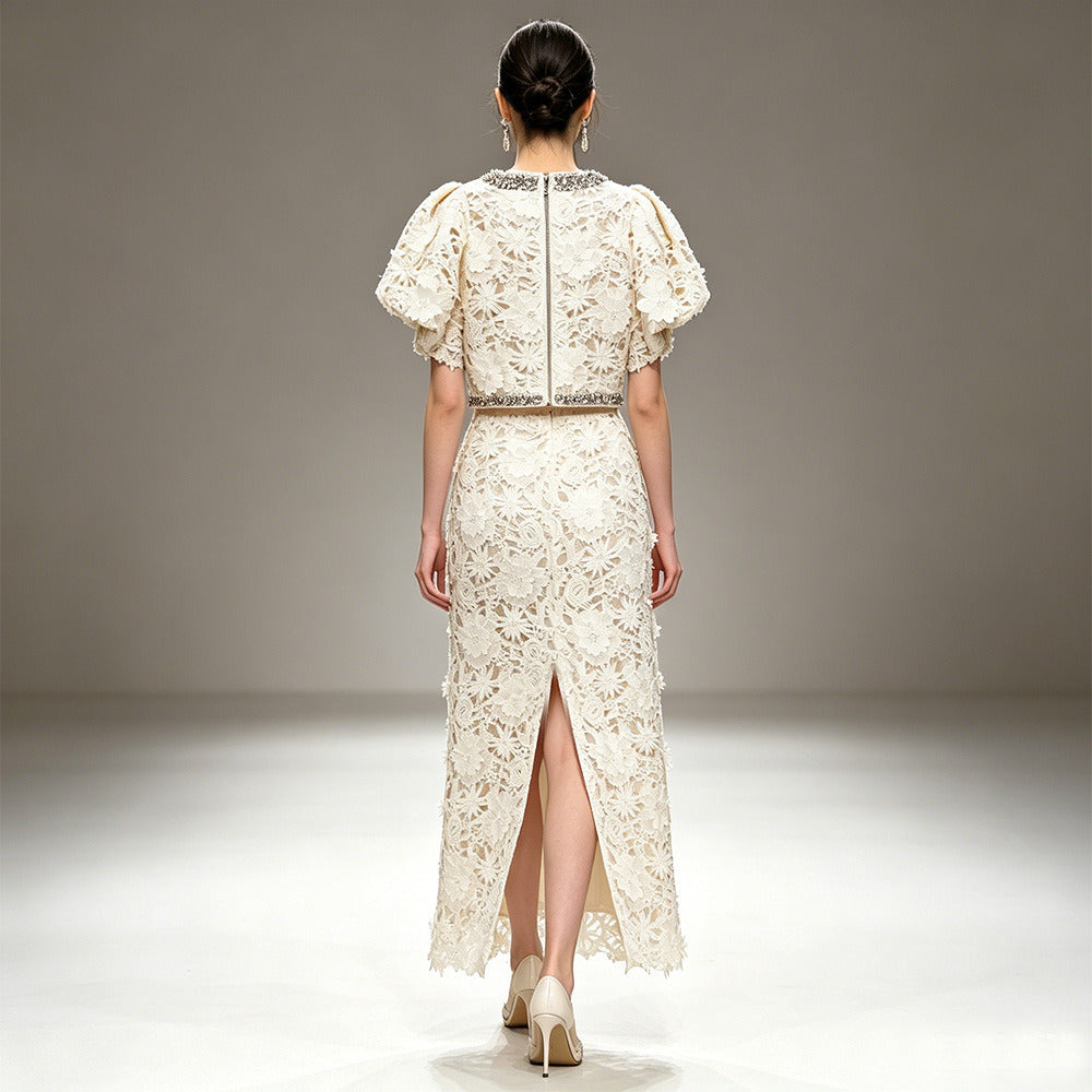 White Floral Lace 2-Piece Set | Short Sleeve Beaded Crop Top & High Waist Maxi Skirt Suit