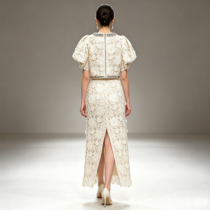White Floral Lace 2-Piece Set | Short Sleeve Beaded Crop Top & High Waist Maxi Skirt Suit