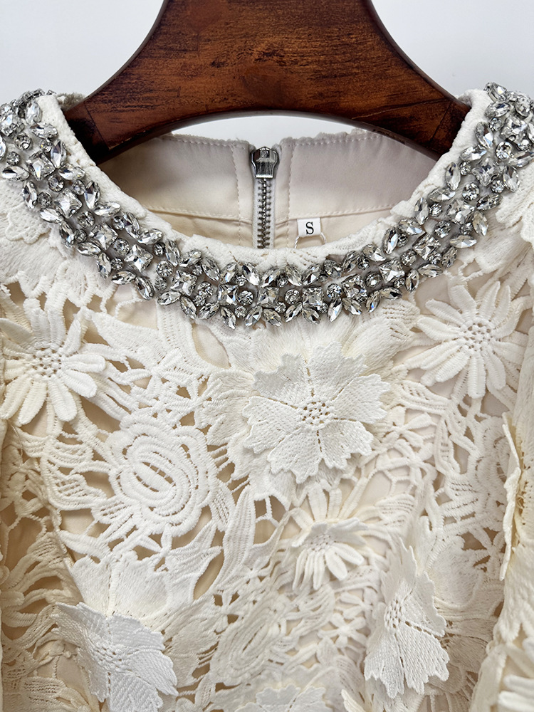 White Floral Lace 2-Piece Set | Short Sleeve Beaded Crop Top & High Waist Maxi Skirt Suit