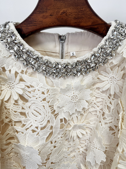 White Floral Lace 2-Piece Set | Short Sleeve Beaded Crop Top & High Waist Maxi Skirt Suit