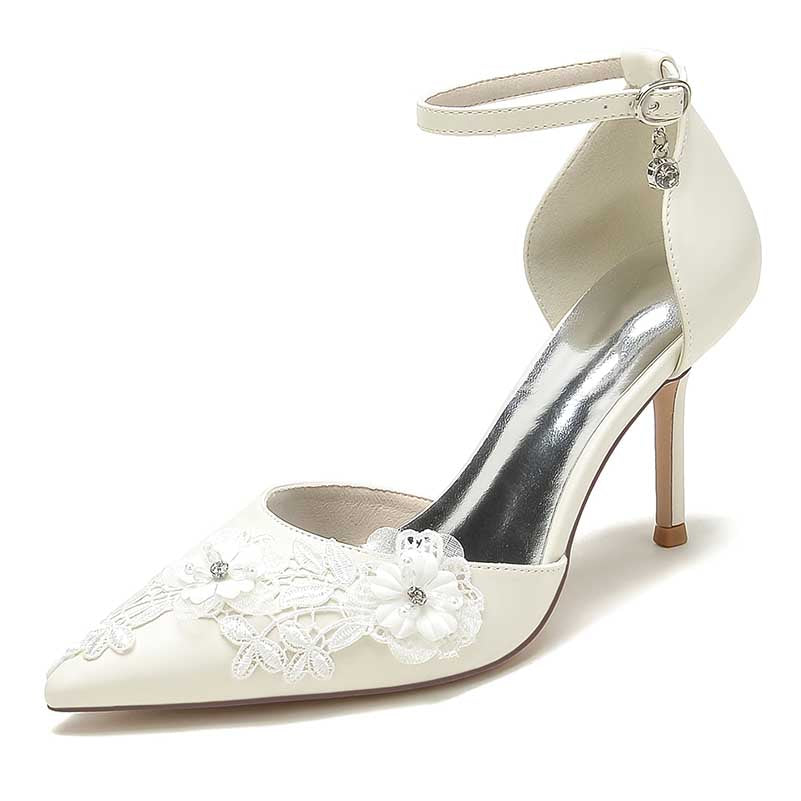 White Heels Wedding Shoes Flower Appliqued Ankle Straps Bridal Pump