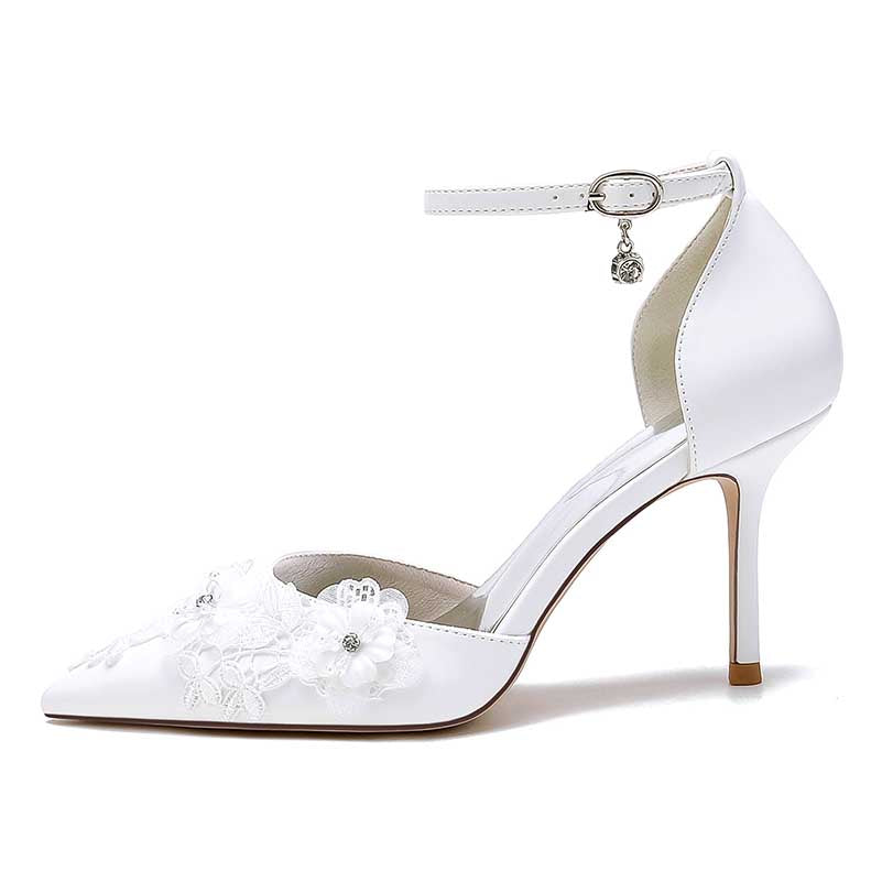 White Heels Wedding Shoes Flower Appliqued Ankle Straps Bridal Pump