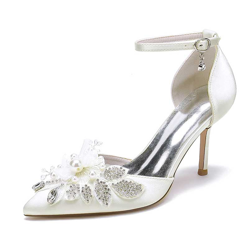 White Heels Wedding Shoes Rhinestone Appliqued Ankle Straps Bridal Pump